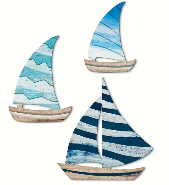 مجموعة 3 لوحات جدارية – المراكب الشراعية الخشبية بأسلوب ساحلي