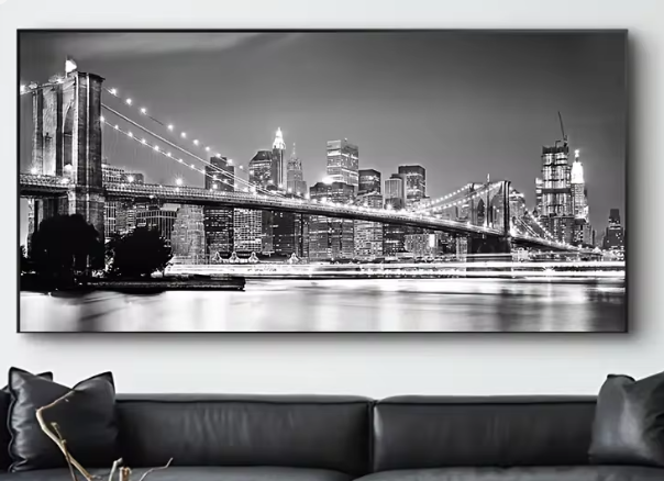 لوحة قماشية مضيئة – جسر بروكلين ليلي، تصميم أسود حديث