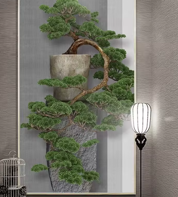 لوحة جدارية ثلاثية الأبعاد بالنمط الصيني – شجرة صنوبر خضراء