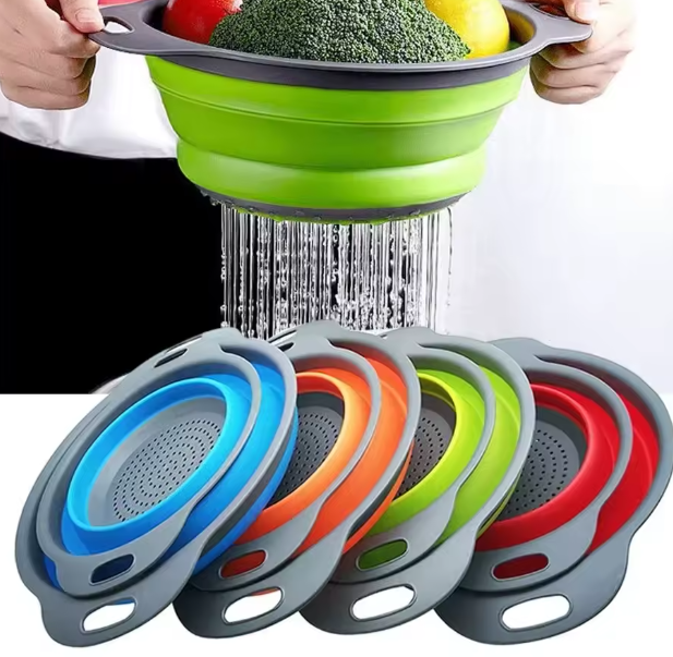 سلة سيليكون قابلة للطي لتصريف الفاكهة والخضار – مصفاة متعددة الاستخدام لتجفيف وتخزين الطعام في المطبخ
