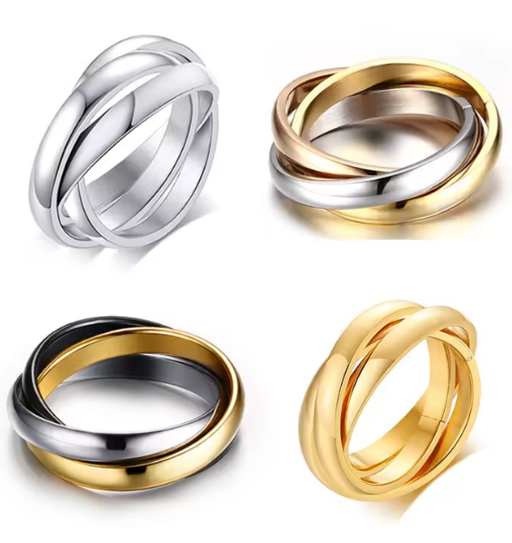 خاتم نسائي ثلاثي الحلقات متشابك من الفولاذ المقاوم للصدأ – تصميم فاخر متعدد الألوان يناسب الزفاف والمناسبات