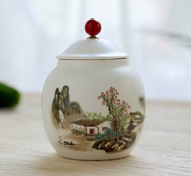 برطمان شاي سيراميكي بنقشة لوتس – صندوق تخزين محكم الغلق