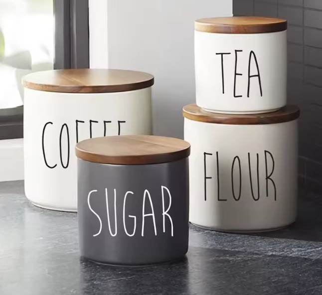 مجموعة 8 ملصقات شارات للمطبخ – ملصقات فينيل لعُلب السكر والدقيق والأطعمة الجافة