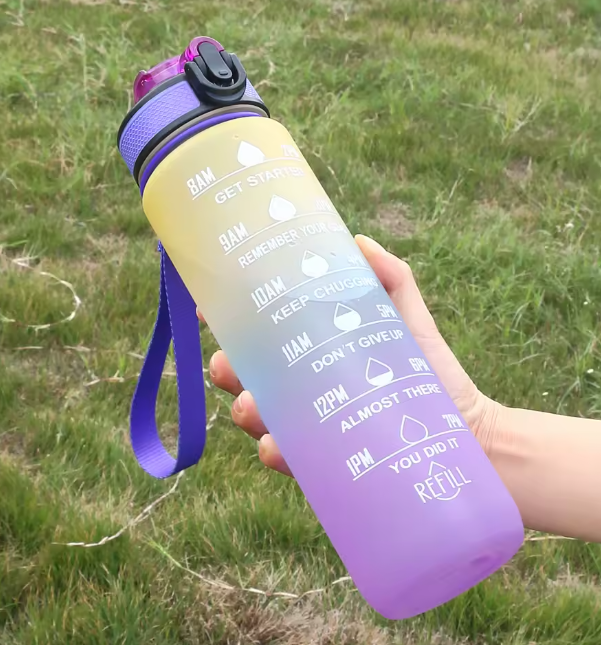 زجاجة مياه سعة 1 لتر متدرجة اللون تحفيزية زجاجة مياه رياضية مع علامة زمنية كوب مانع للتسرب للمكتب وصالة الألعاب الرياضية والخارجية