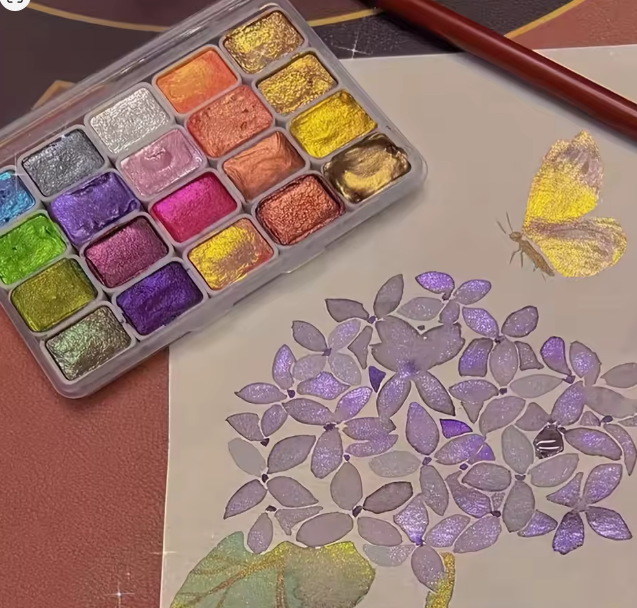 مجموعة ألوان مائية معدنية – 20 لونًا لامعًا بصندوق محمول مع لوحة ألوان صلبة لؤلؤية