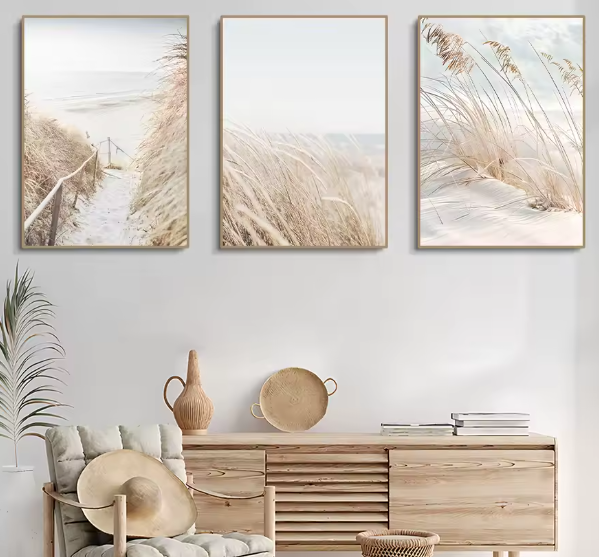 مجموعة 3 لوحات قماشية – مناظر بحرية بأسلوب الشمال مع لمسات نباتية