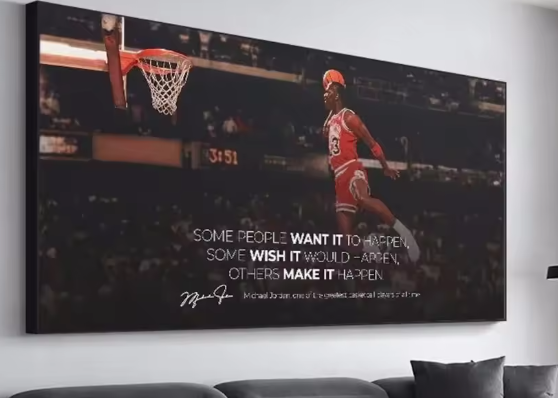 لوحة قماشية مطبوعة – نجوم كرة السلة العتيق مع اقتباسات ملهمة