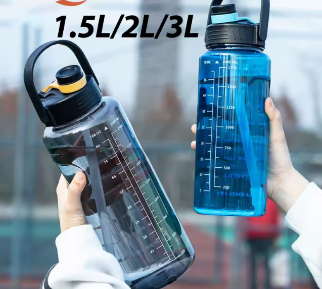 زجاجة مياه رياضية LUSQI – 1.5/2/3 لتر، بلاستيك عالي السعة، مانعة للتسرب مع قش وعلامة زمنية، للرياضة والأنشطة الخارجية والمنزلية