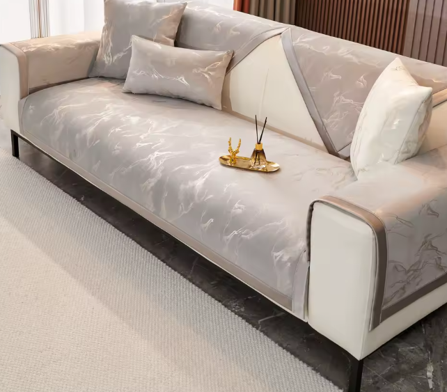 غطاء أريكة مخملي بطباعة خطوط رخامية – مانع للانزلاق – للأرائك على شكل L – لجميع المواسم